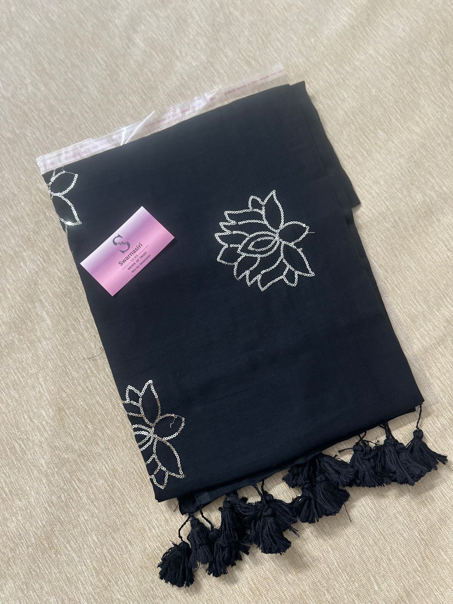 lotus sequin 120 count mul cotton saree-Deep black