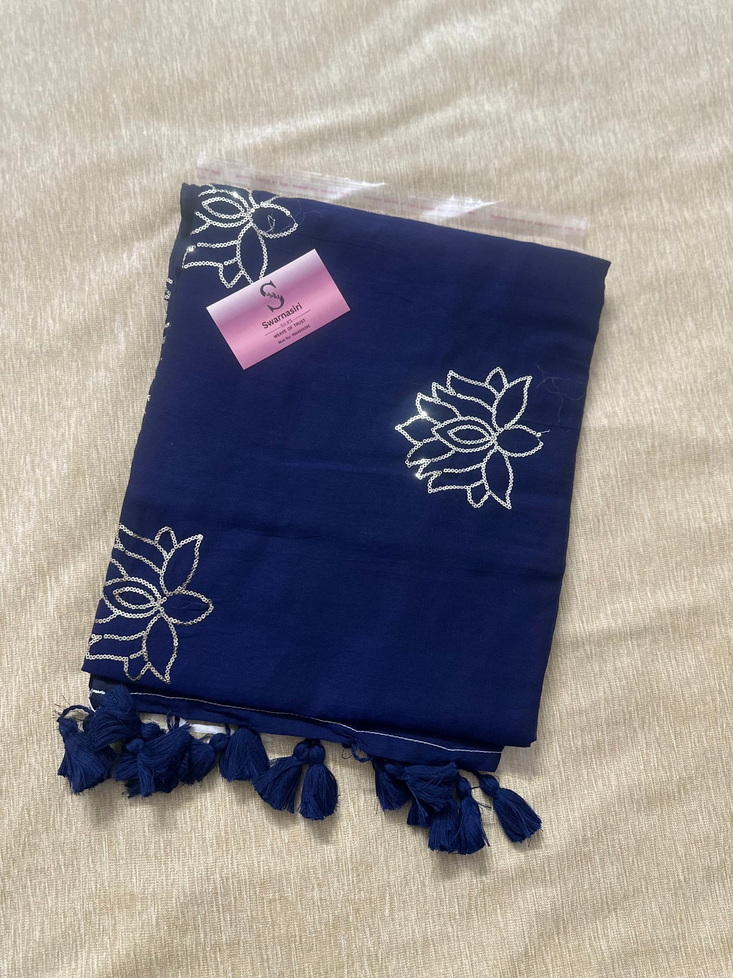Lotus sequin mul cotton 120 count saree-Royal blue