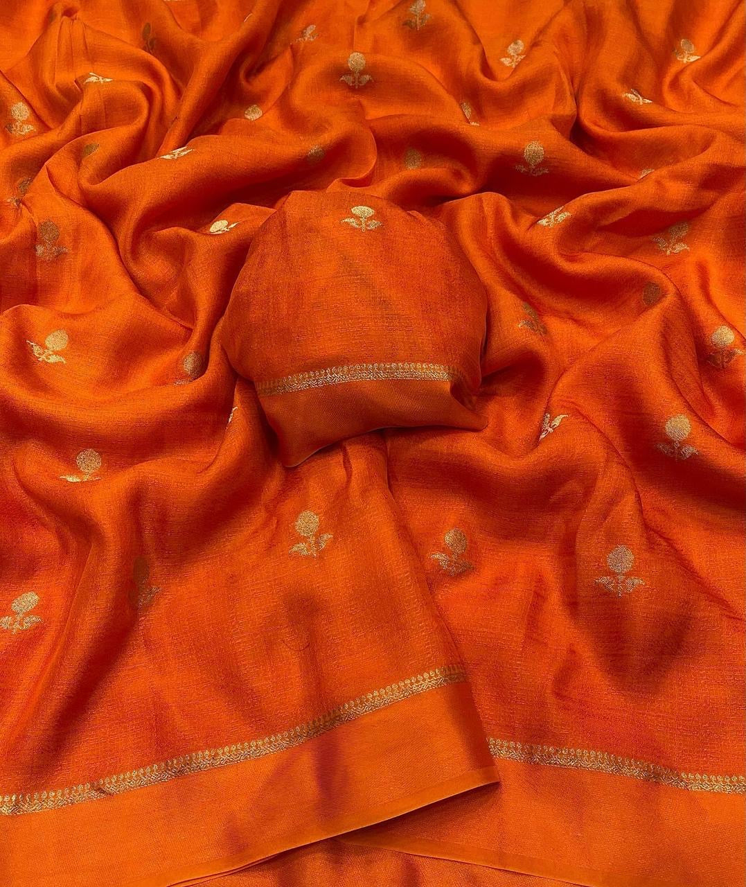 Jute linen saree- Rust orange color