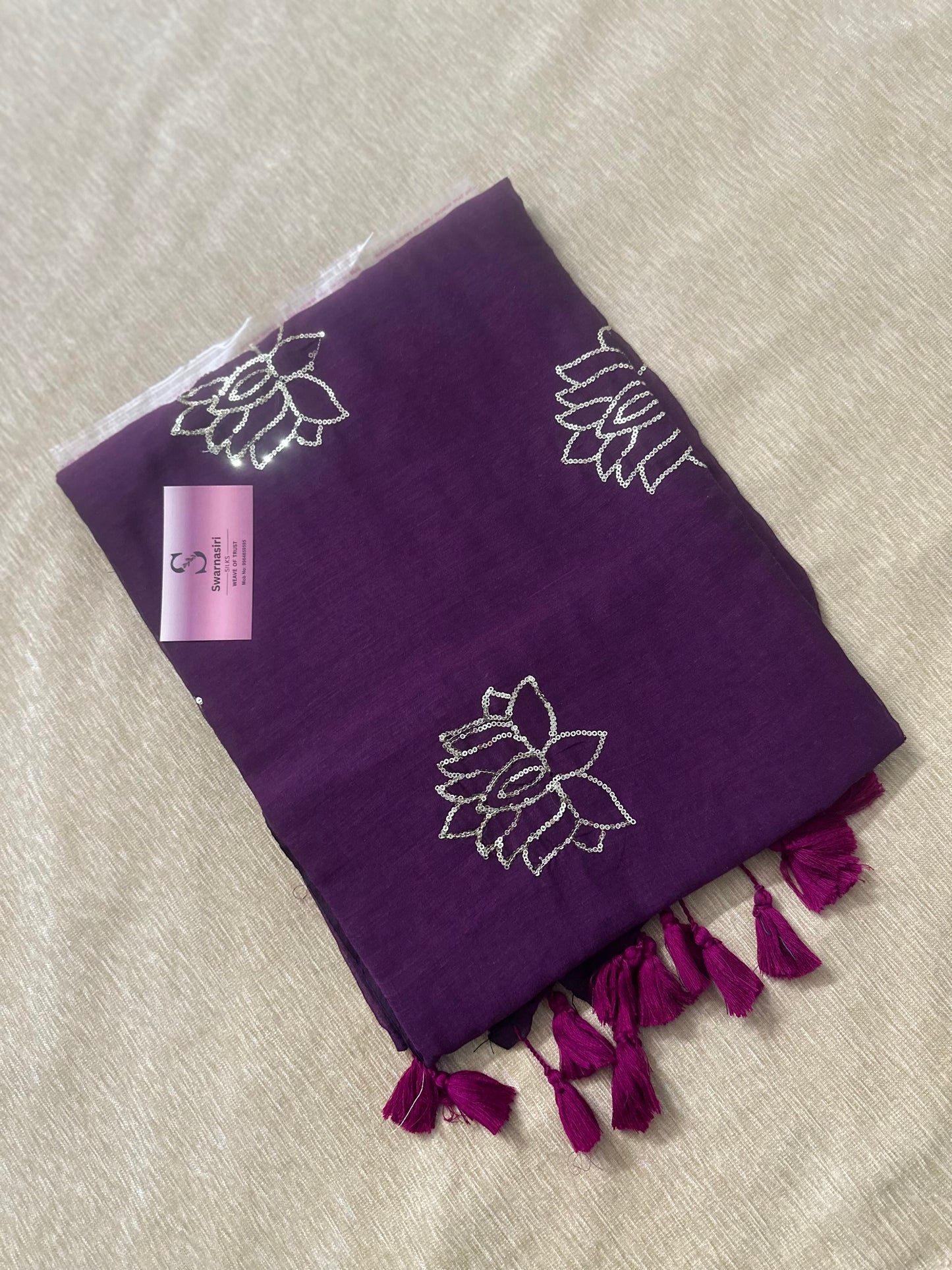 Lotus sequin mul cotton saree 120 count -magenta