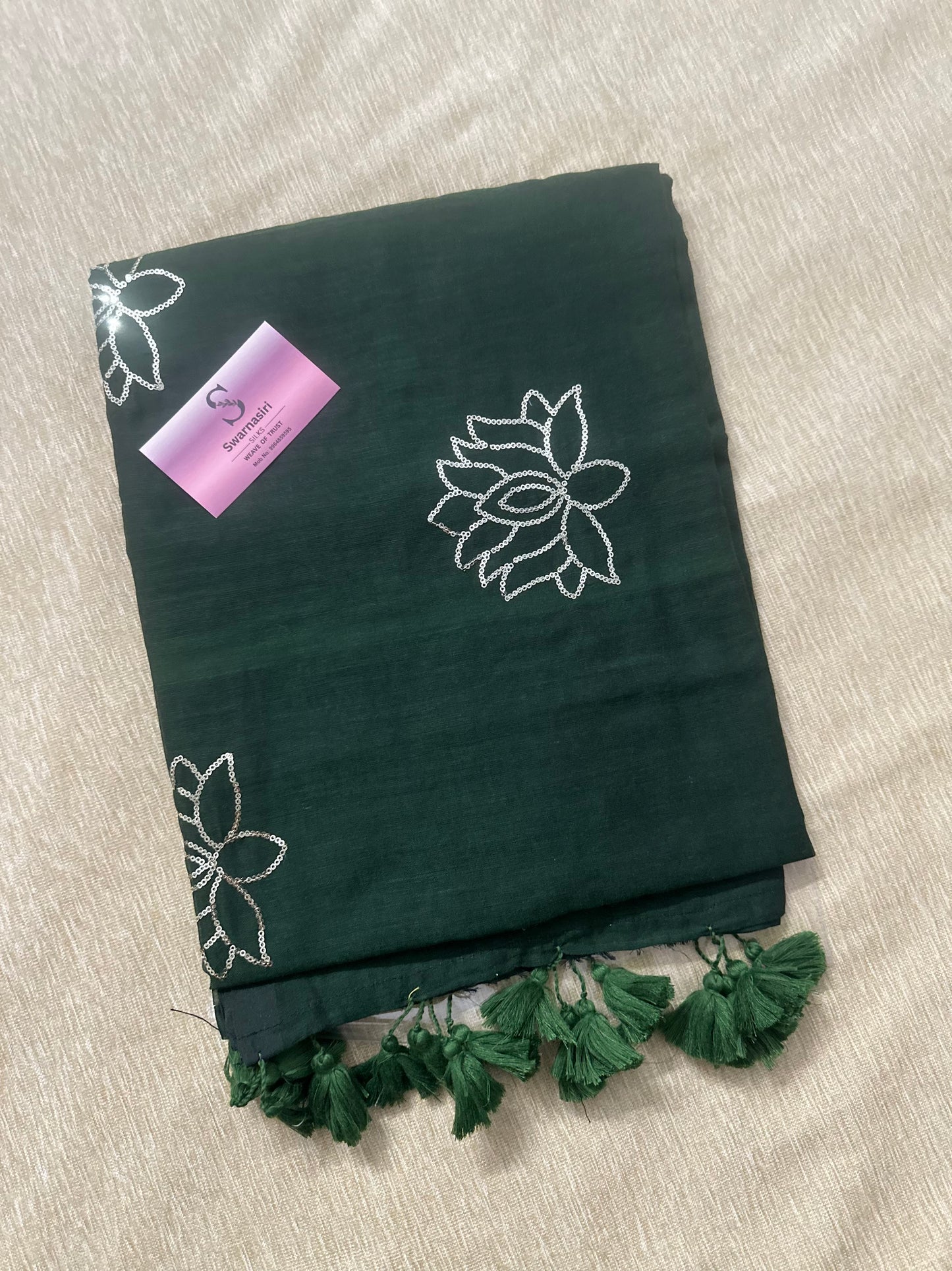 Lotus sequin 120 count mul cotton saree-bottle green