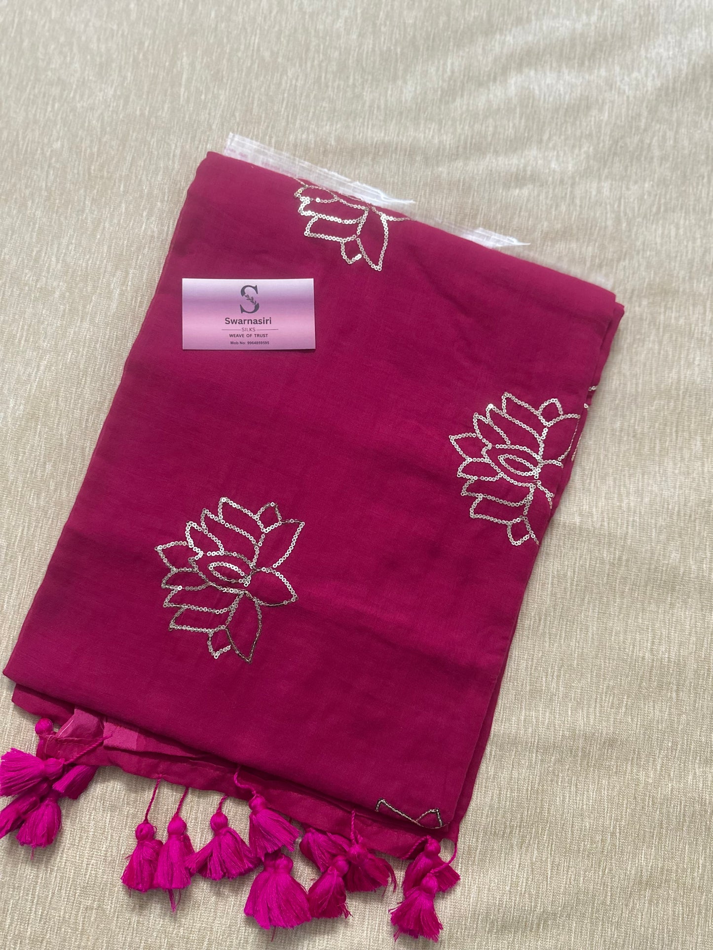 Lotus sequin mul cotton 120 count saree-Rani pink