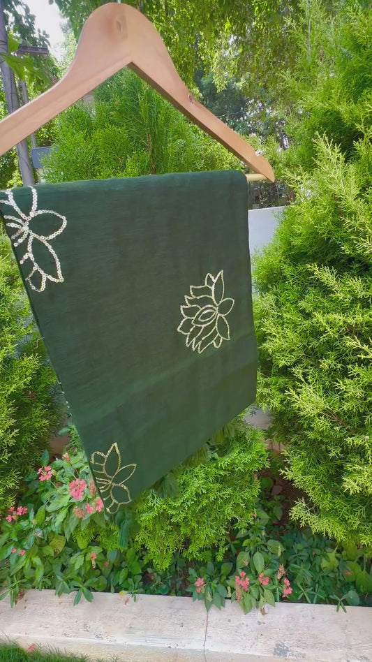 Lotus sequin 120 count mul cotton saree-bottle green
