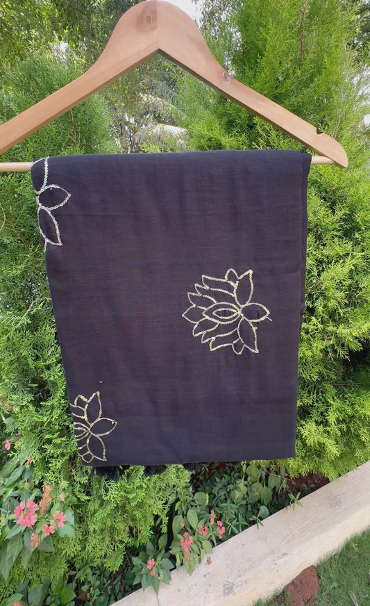 lotus sequin 120 count mul cotton saree-Deep black