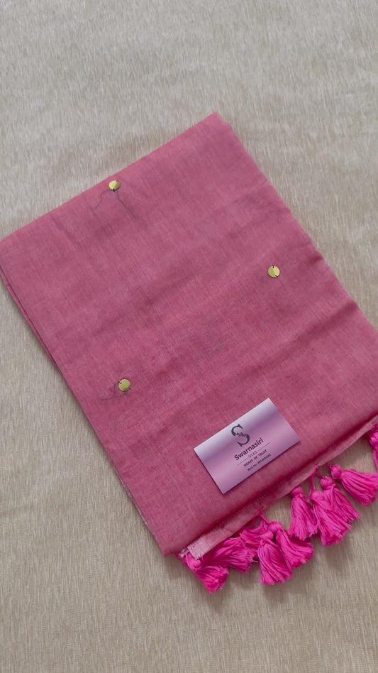 Mul cotton gini work saree-Peachish pink